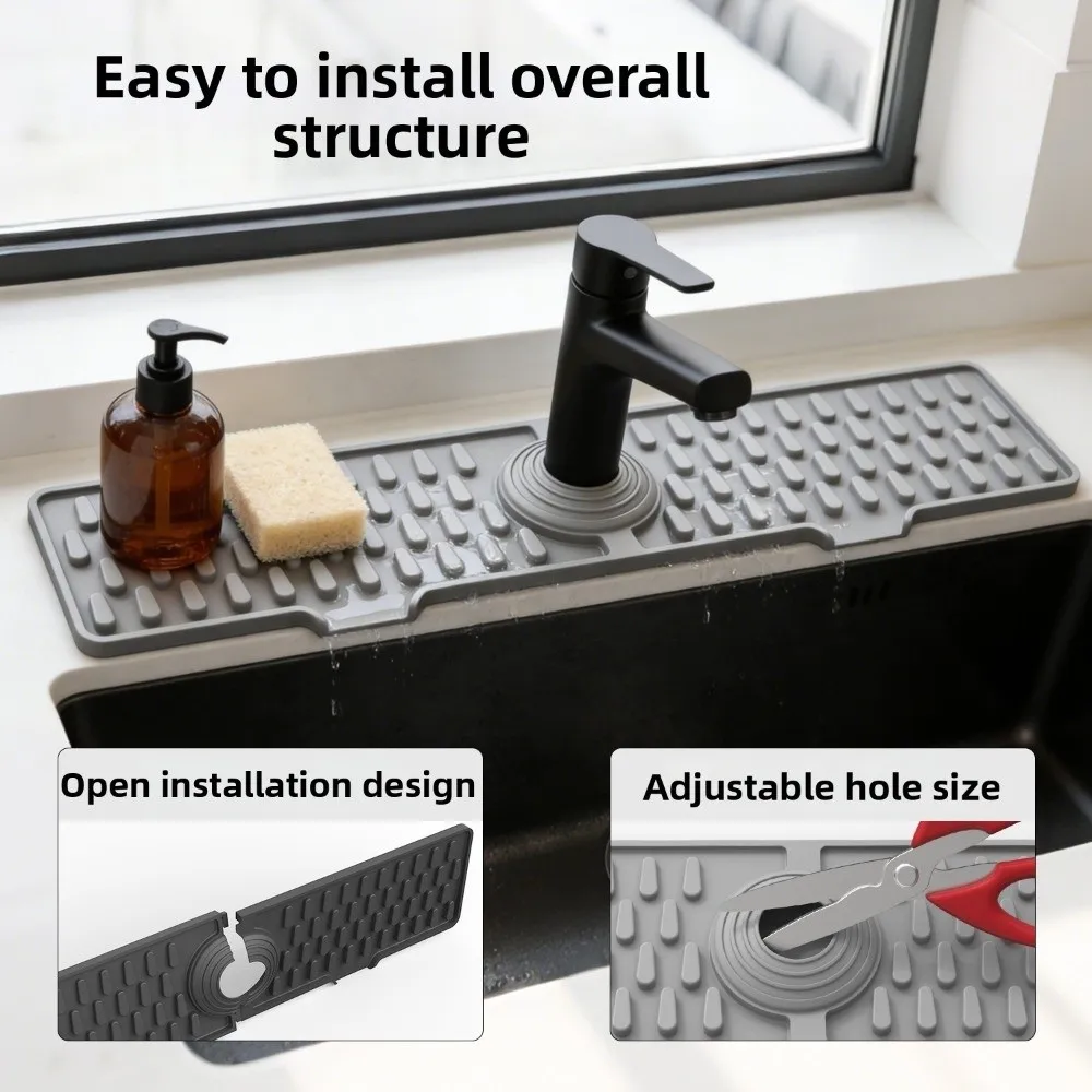 Silicone Splash Guard Mat Splash-proof 45cm Length Basin Protector Mat Raised edges Ajustable Size Soap Storage Mat Kitchen Use