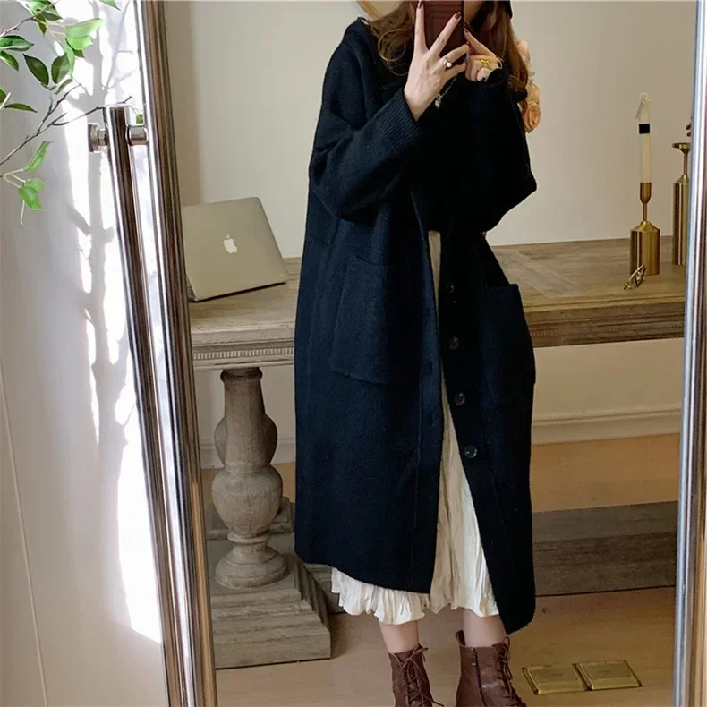 Kintted Long Cardigan Women Jacket Autumn Winter Black Crochet Loose Long Sleeve Maxi Sweater Warm Jumper Causal Cardigans