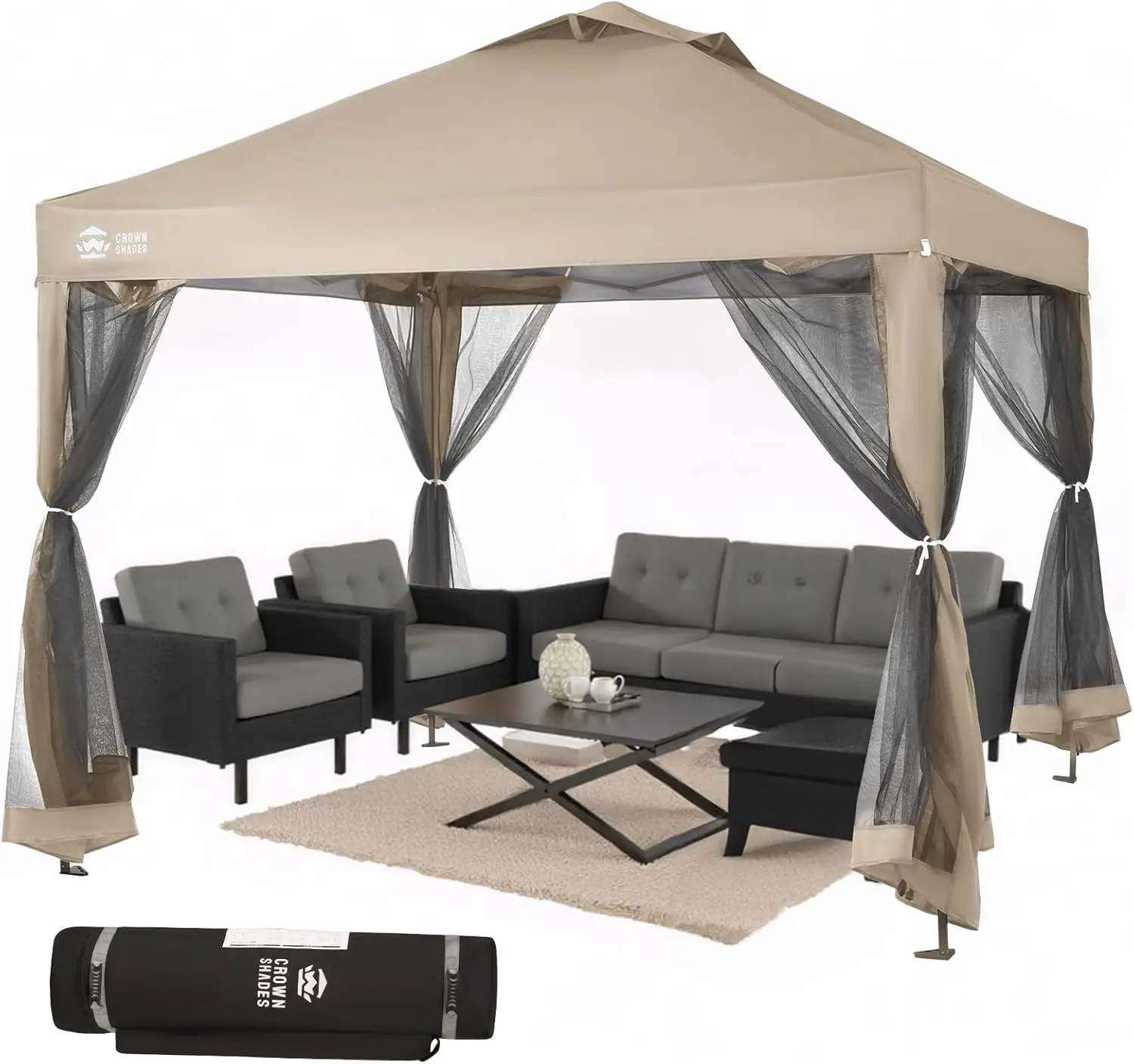 

10x10 Pop Up Gazebo with Mosquito Netting + Ropes/Stakes/Sandbags/Wheeled Bag (Beige)