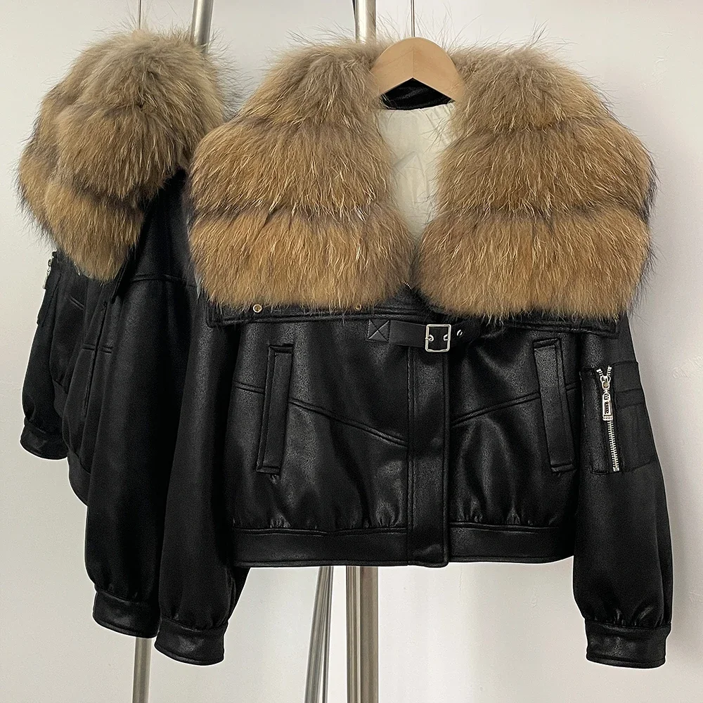 OFTBUY Vera Pelliccia Collo in pelliccia di volpe naturale Giacca corta in pelle scamosciata Abbigliamento invernale da donna Piumino soffice Cappotto spesso in piumino d'anatra femminile