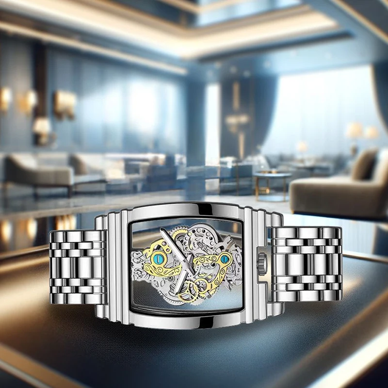 A men's casual fashion practical trendy hollow silver case steel strap quartz watch, perfect as a holiday gift