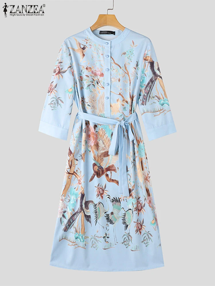 ZANZEA-Robe mi-longue imprimée à col rond pour femmes, Robes de style chinois, Vintage, Manches 2024, Robe longue, Vacances éducatives, Robes d'automne à boutons, 3/4