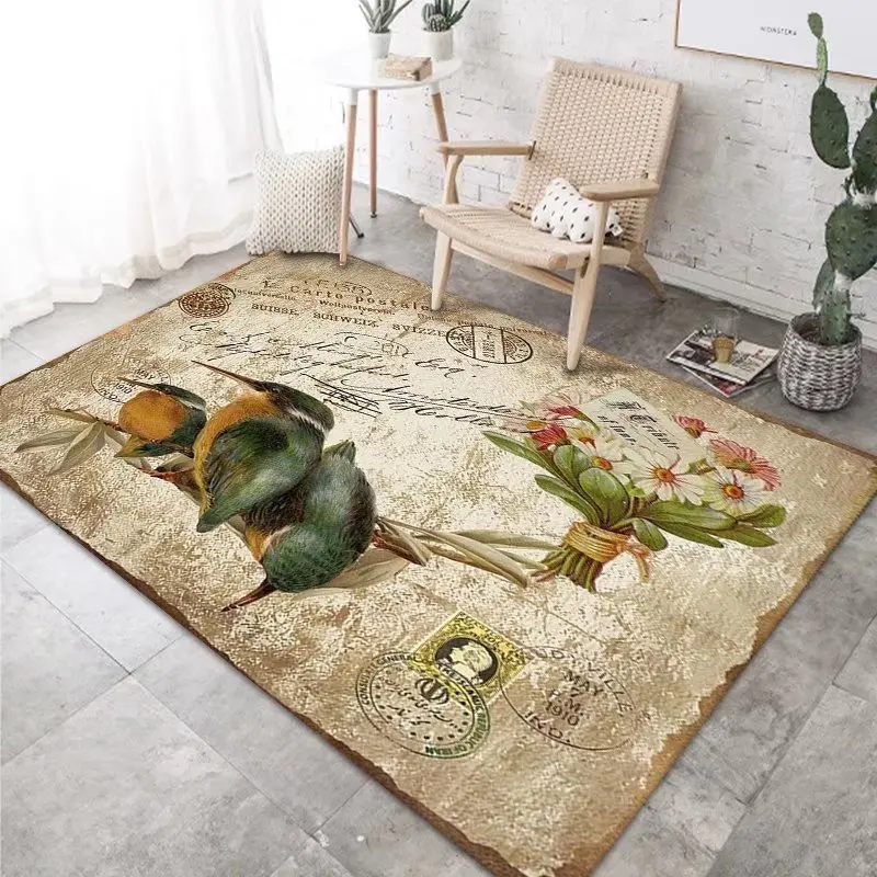 Retro Flower Bird Pattern Living Room Rug Non-Slip Large Carpet Home Decor Bedroom Bedside Rugs Soft Flannel Washable Floor Mat