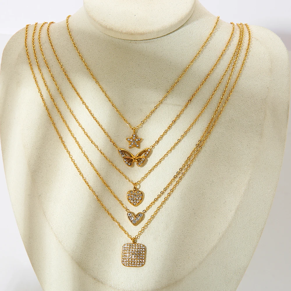 Colar com pingente de zircônia cúbica, coração geométrico brilhante, borboleta, banhado a ouro 18k, aço inoxidável, joias requintadas para mulheres