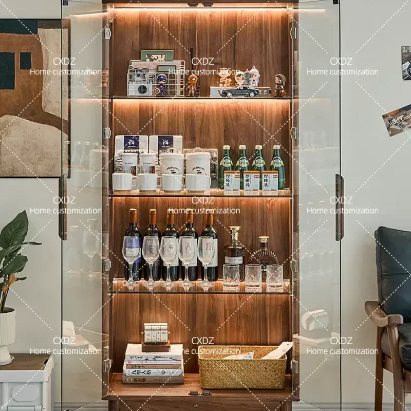 Nordic Solid Wood Wine Cabinet Living Room Wall Display Cabinet Modern Simple Black Walnut Glass Door Storage Bookshelf