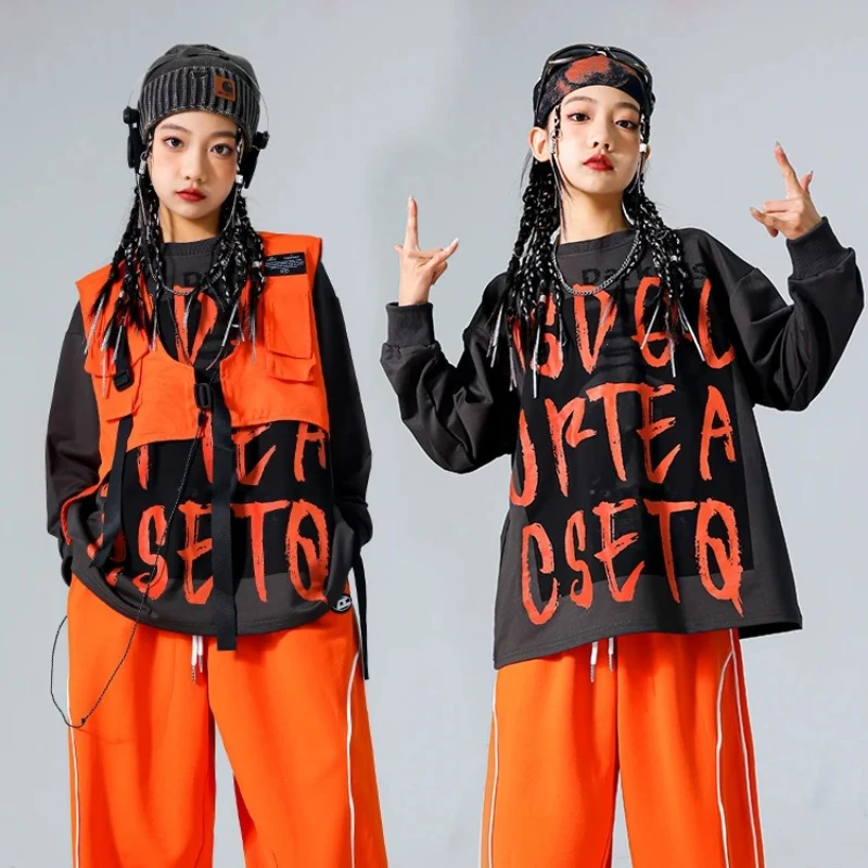 Boys Hip Hop Cool Sweatshirt Vest Cargo Pants Girls Fashion Jazz Street Dance Costume Children Clothes Set Kids K-pop Streetwear