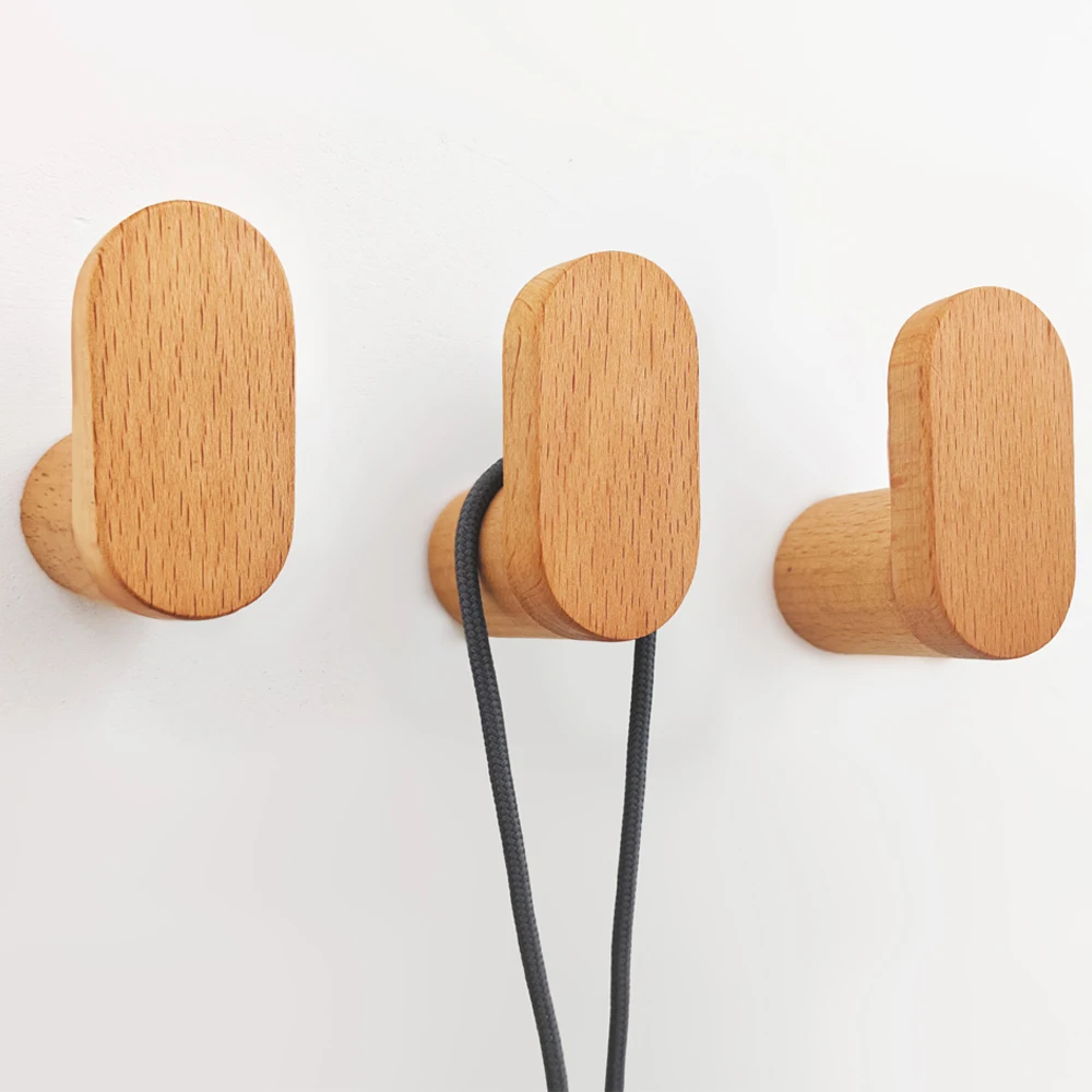 Wall Mounted Clothes Storage Hanger Hook Simple Beech Wood Hooks Key Holder Hat Scarf Coat Rack Key Holder Adhesive Screw Hook