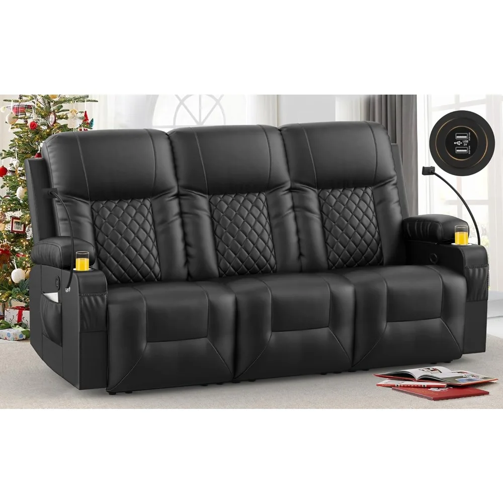 Recliner Sofa 3 Seater Double Recliner, PU Leather Recliner Sofa with Cup Holder and 2 Phone Holders, USB Port, Black