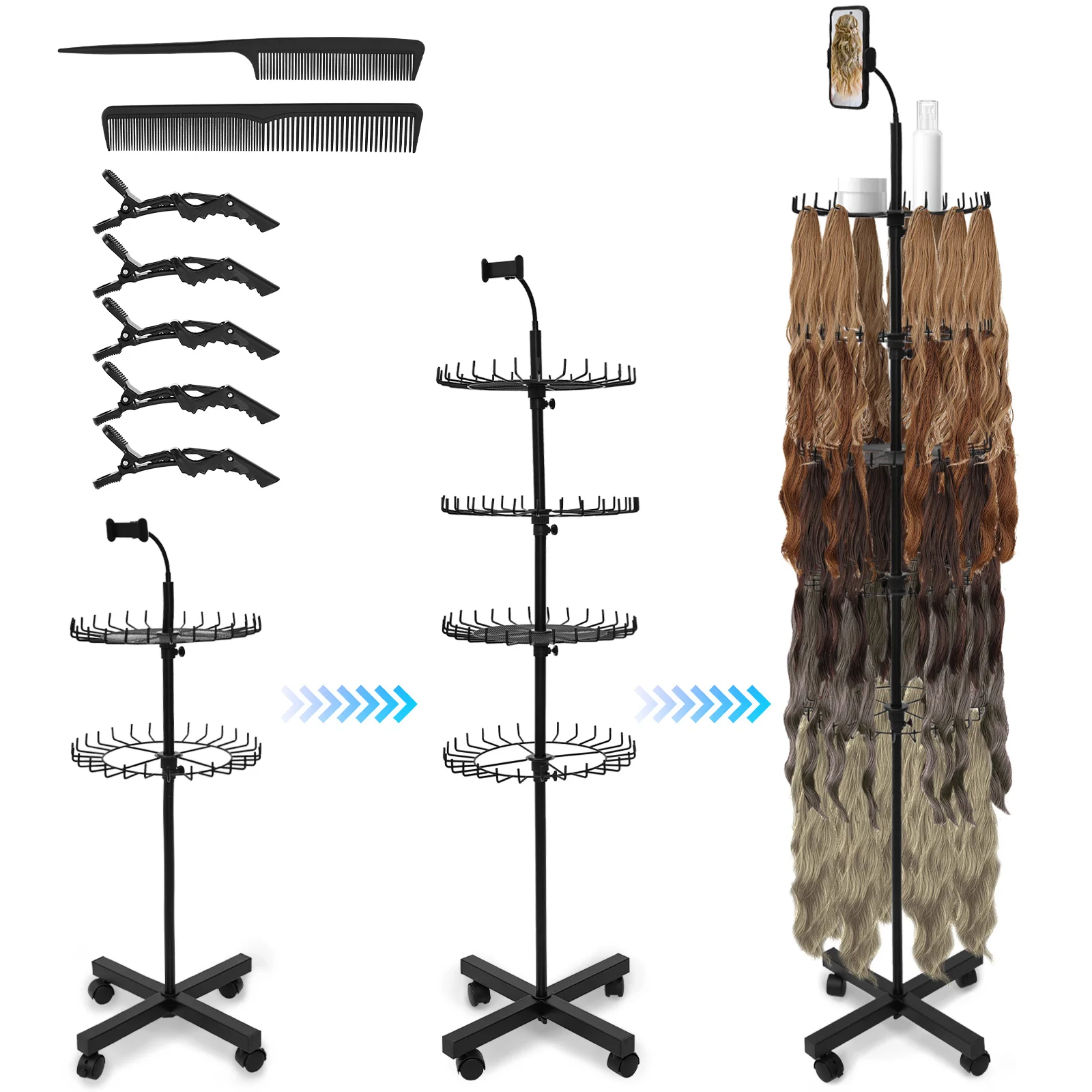 

Braiding Hair Rack Standing Hair Extension Holder with Phone Holder Height Adjustable for Hairstylists and Braiders