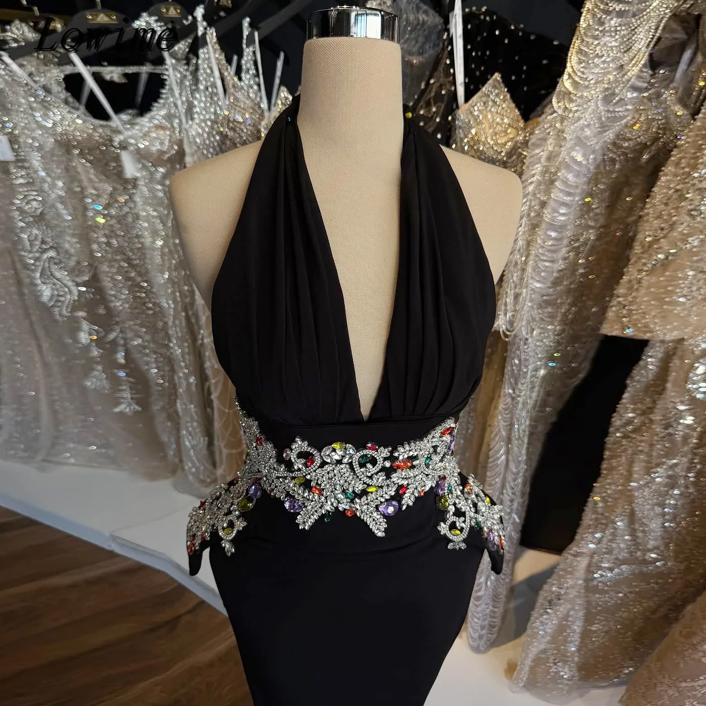 

Sexy Halter Neck Satin Evening Gown With Colorful Rhinestones Long Birthday Party Dress Cocktail Dress Customized