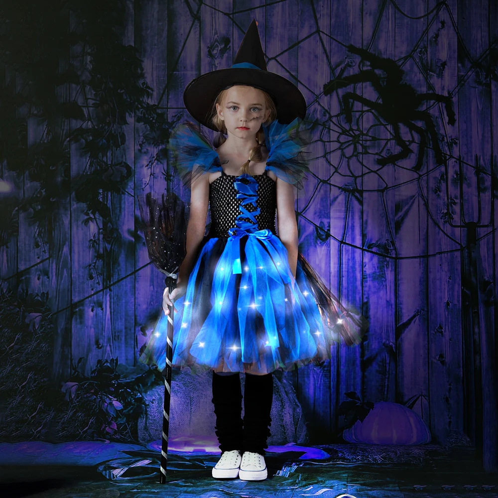 New Halloween Carnival Party Girls Witch Costume Luminous LED Lights Tulle Tutu Dress Masquerade Vampire Devil Winifred Dress Up