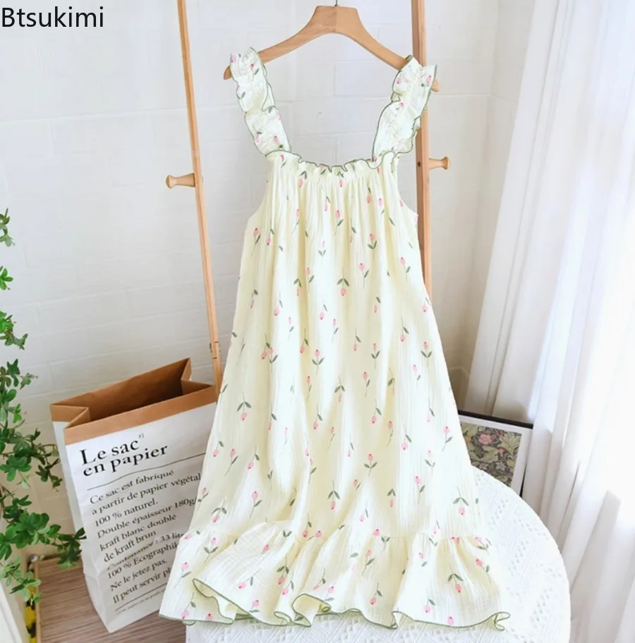 New 2025 Women's Summer Nightdress 100% Cotton Crepe Thin Vest Suspender Skirt Loose Long Skirt Sweet Cute Home Robes for Women