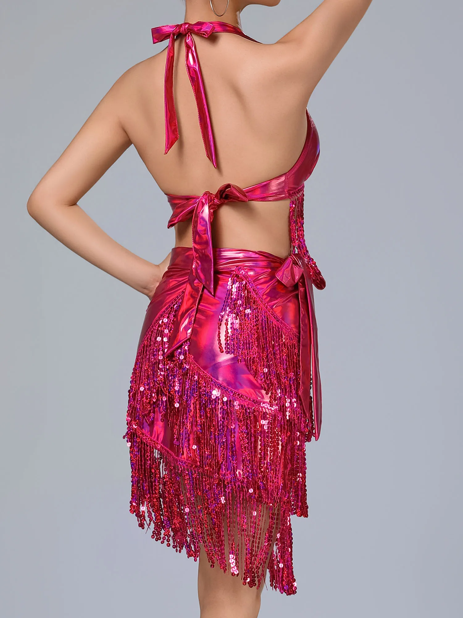 

Women Sequin Tassel Belly Dance Costume Halter V Neck Crop Top and Tiered Fringe Lace-up Skirt for Latin Jazz Salsa Dancewear