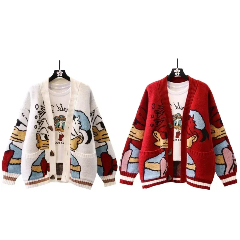 Donald Duck Women\'s Spring and Autumn Versatile Knitted Cardigan Sweet and Fresh Creative Cartoon Loose V-neck Sweater Jacket