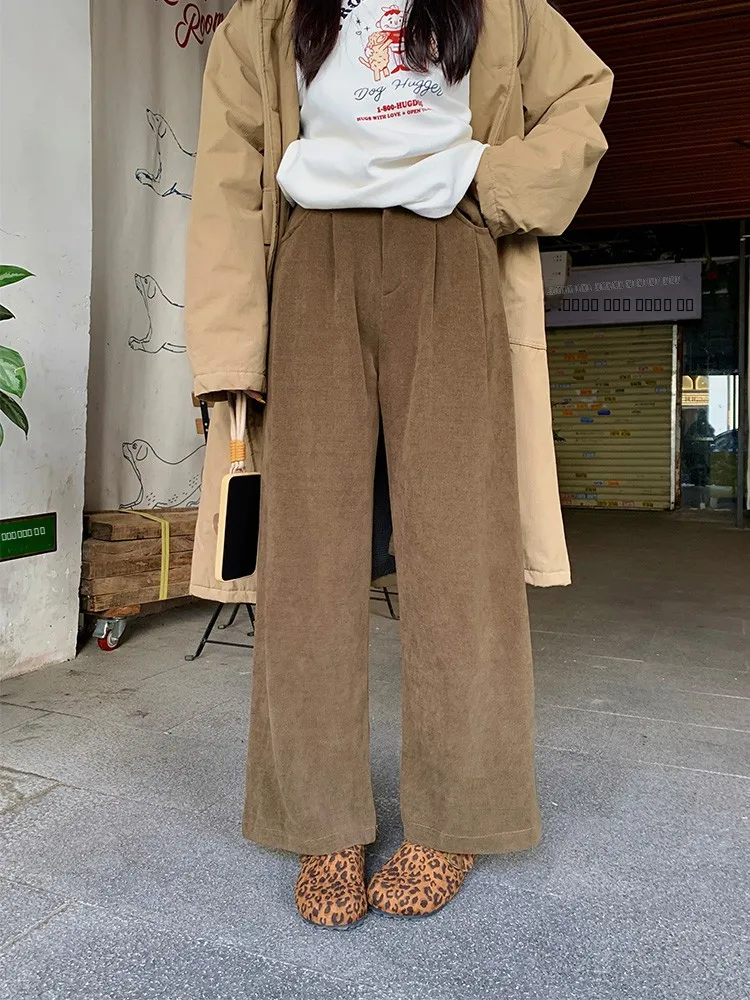 

Lin Da Hui Autumn Winter Vintage Wide Leg Pants Loose Fit Comfortable Corduroy Casual Trousers for Women plus Size