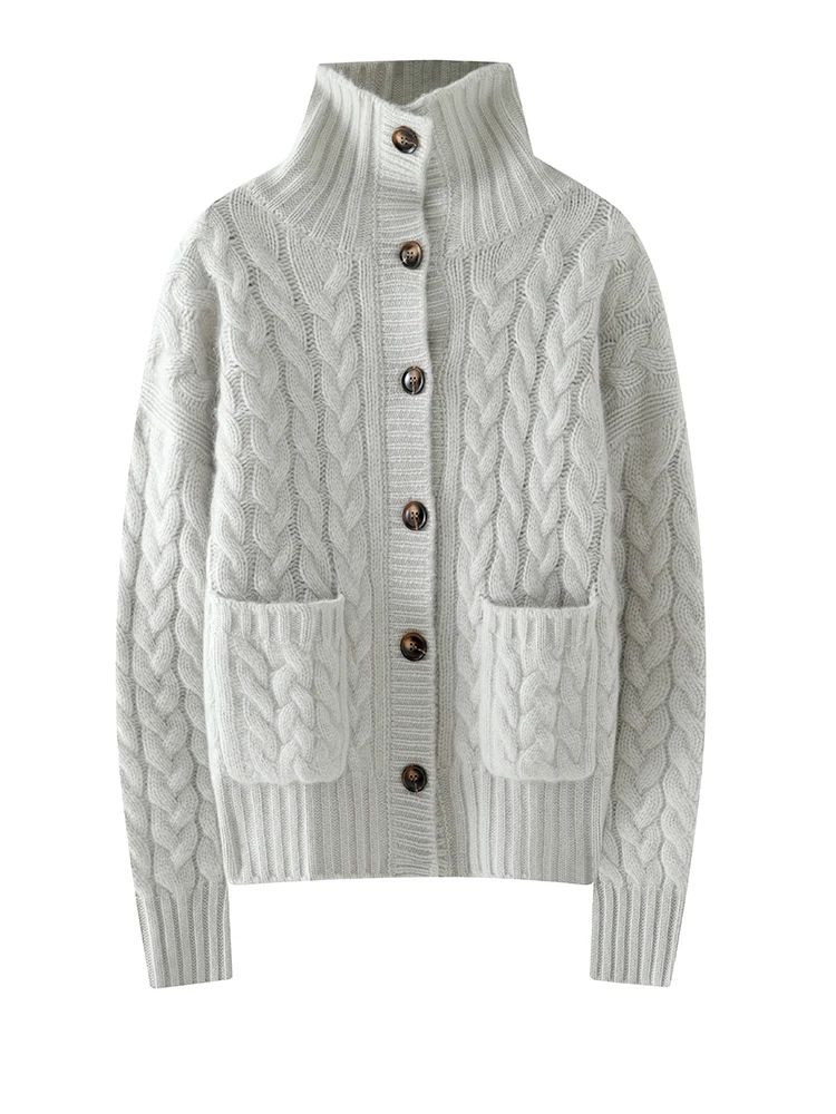 Choice Otoño Invierno grueso mujer cuello alto Cable tejido Cardigan 100% suéter de cachemira peso pesado cálido prendas de punto de cachemira Top