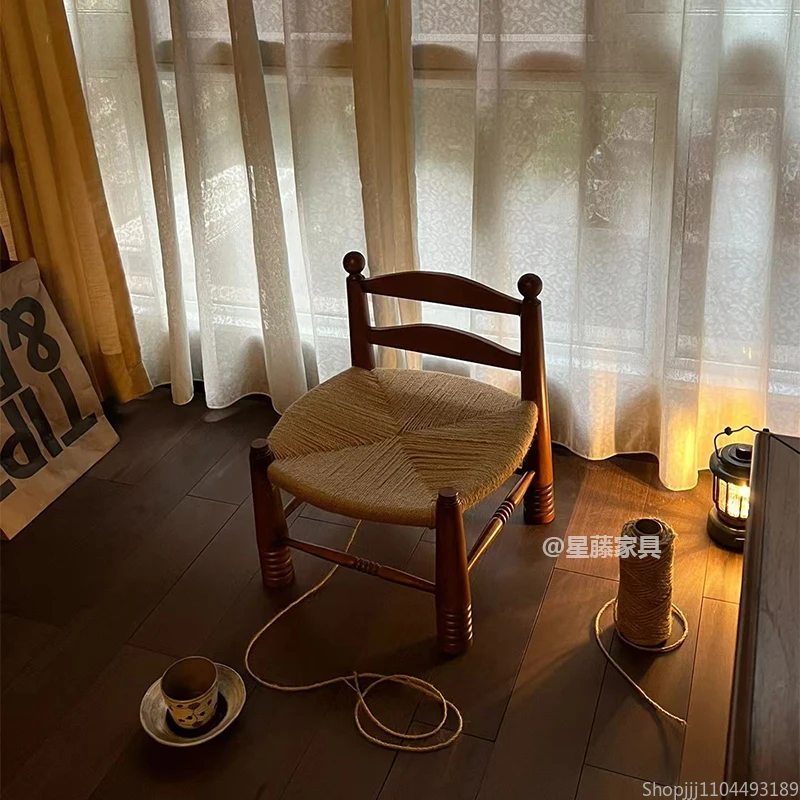 Vintage Dining Chair Household Solid Wood Braided Rope Single Rattan Braided Designer Low Stool Furniture