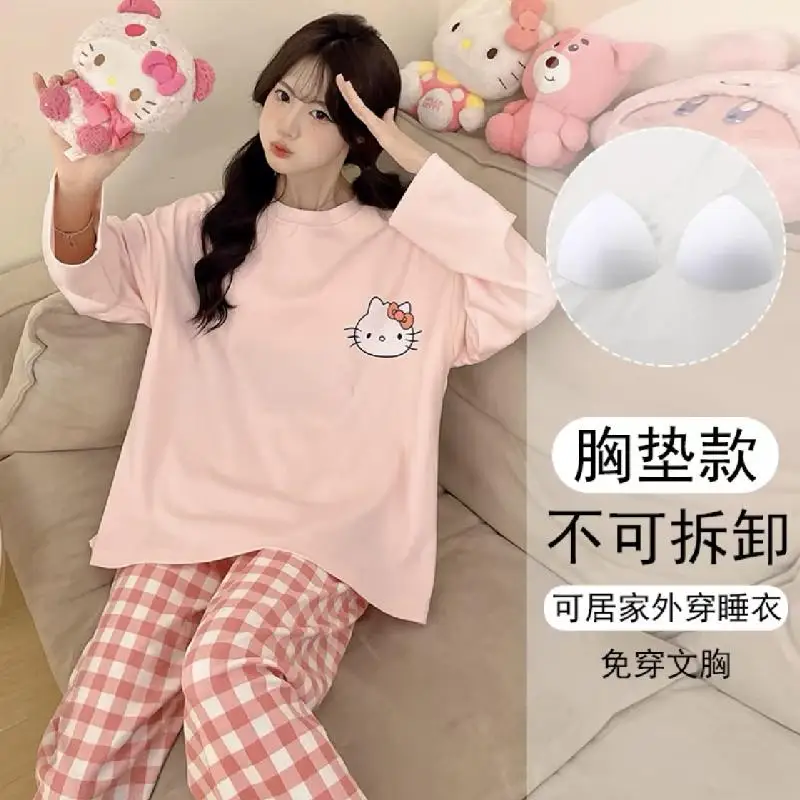 Hot Sanrio Girl Round Neck with Chest Cushion Pajama Set Spring and Autumn Kawaii Hello Kitty Comic Go Out Fashion Leisure Wear