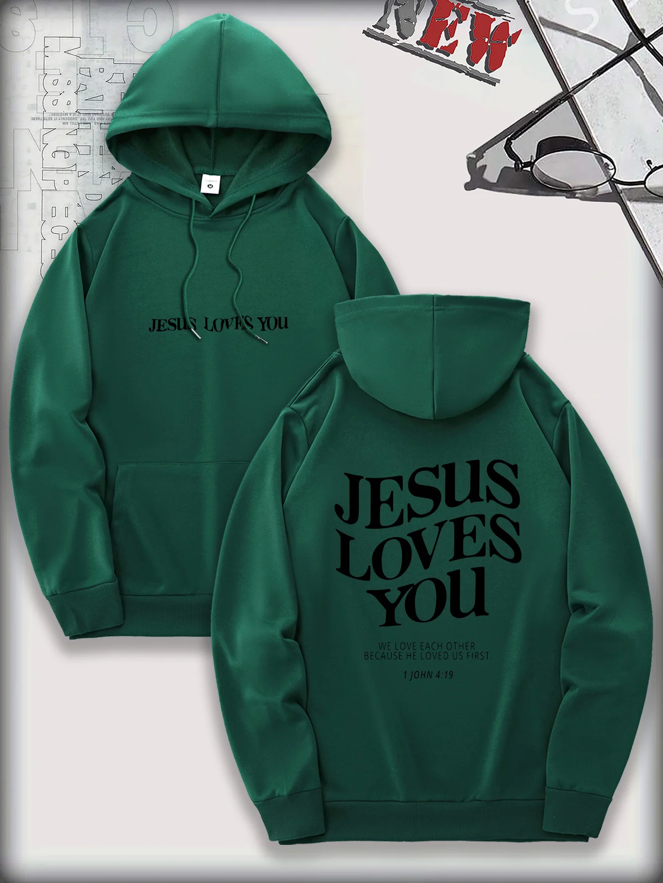 سترة رجالية كاجوال بغطاء للرأس بتصميم جيب الكنغر الأخضر وطباعة أمامية وخلفية مريحة للاستخدام اليومي ملابس مريحة #1