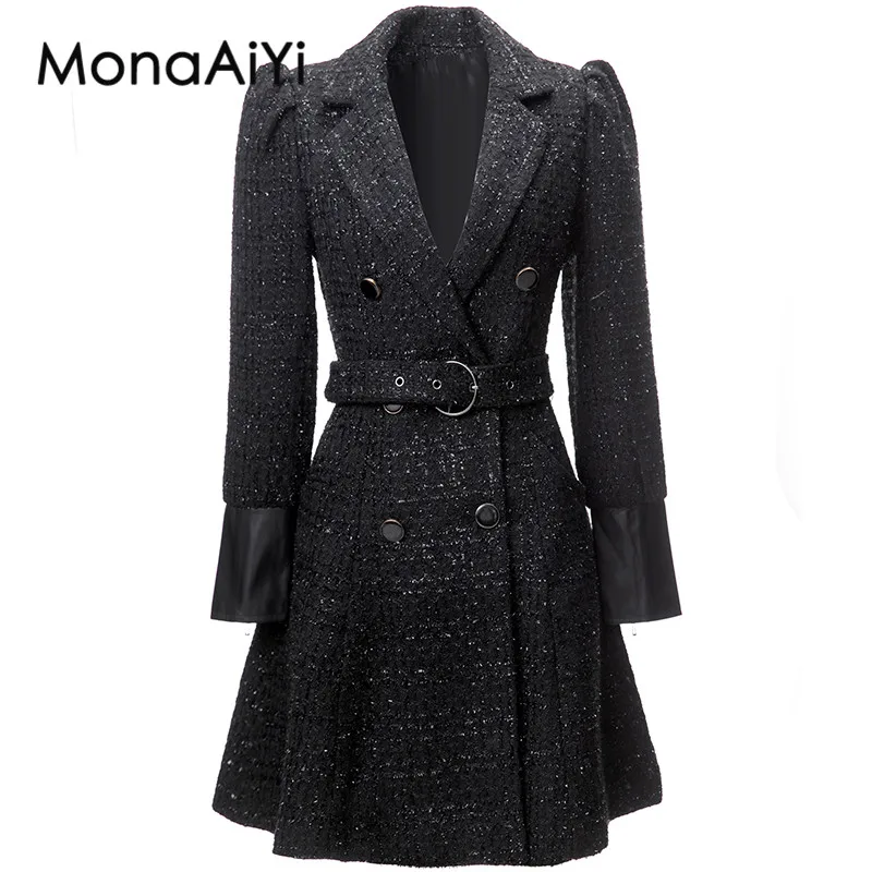 MonaAiYi 2023 New Fashion Runway Designer Women's Coat Polo Collar Long Sleeves Detachable Belt Double Breasted Coat