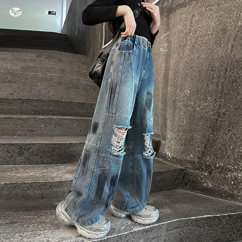 Pantalones de mezclilla para niña, pantalones largos de mezclilla rasgados con grafiti vintage, pantalones largos vintage para niños, pantalones casuales para adolescentes