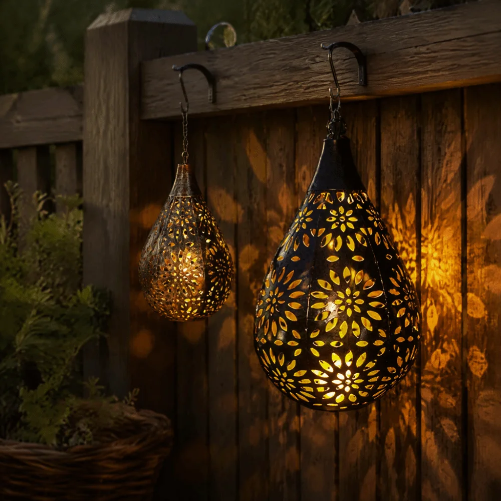 Hollow Iron Solar Hanging Lanterns Moroccan Style Auto On Off Garden Solar Lamp Copper Color Easy Installation