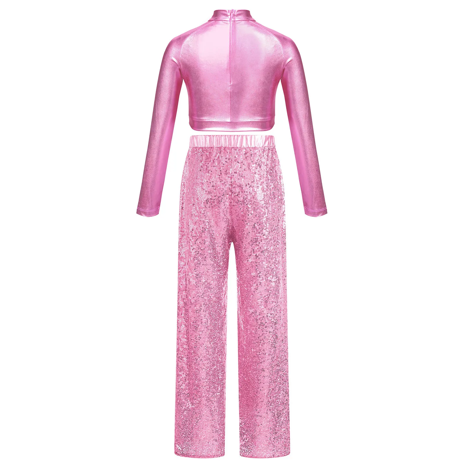 Kids Girls Sparkly Sequins Dance Stage Costume 2Pcs Long Sleeve Crop Top and Wide-Leg Pants Street Modern Dance Cheerleader Set