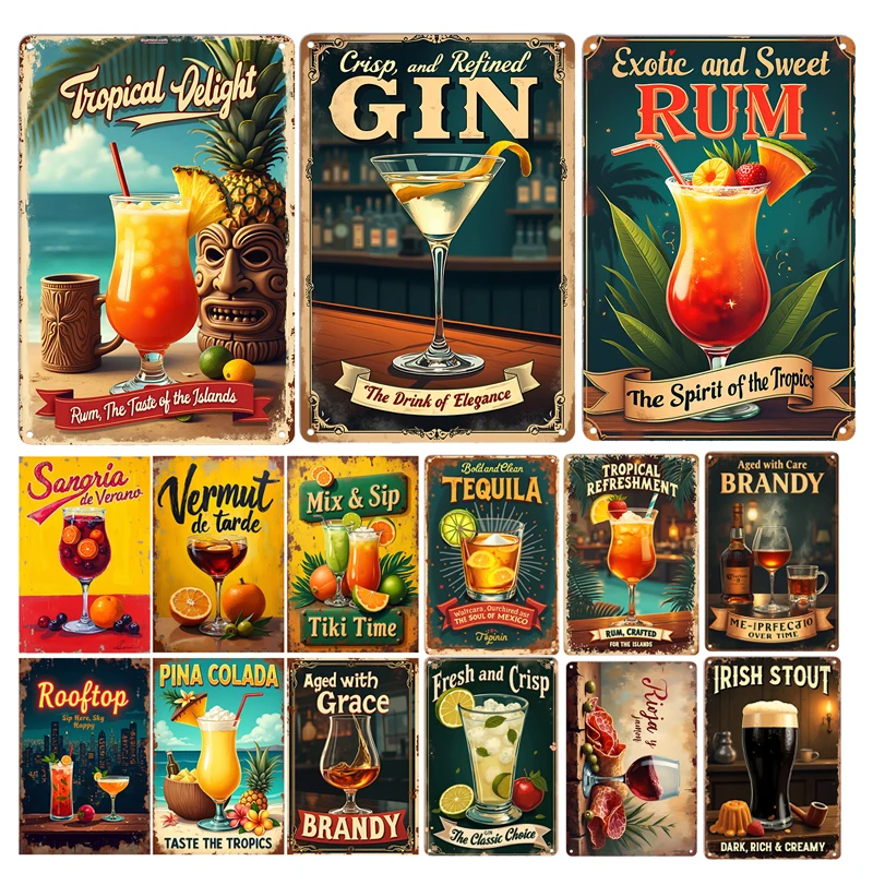 Coffee Fruit Juice Cocktails Tin Sign Art Crafts Tinplate Billboard Decor for Bar Kitchen Home Wall Plate Decor Shabby Plaques