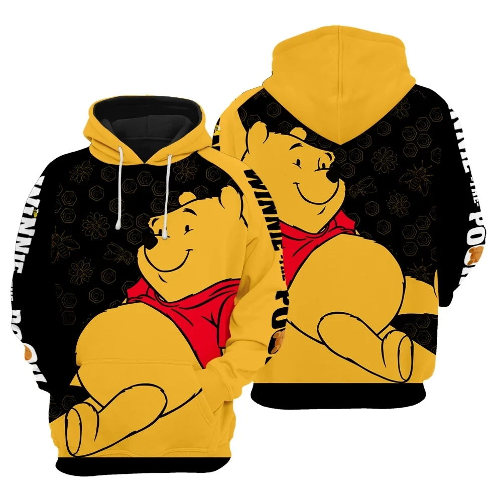 

Roupas gráficas de desenho animado para homens e mulheres, capuz 3D, Winnie The Pooh, roupas amarelas, todo o lado, zíper, crian