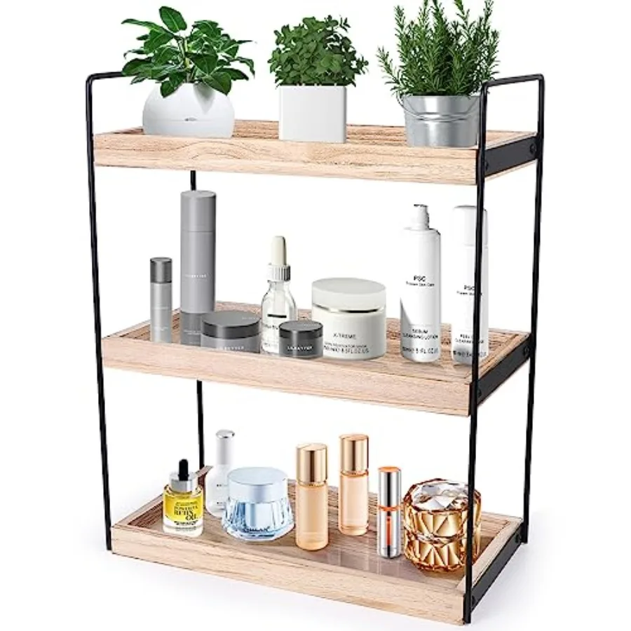 

3-уровневая полка для ванной комнаты для организации туалетного столика с местом для хранения в кафе-баре и окружающим освещением светло-коричневой отделкой Ideal f