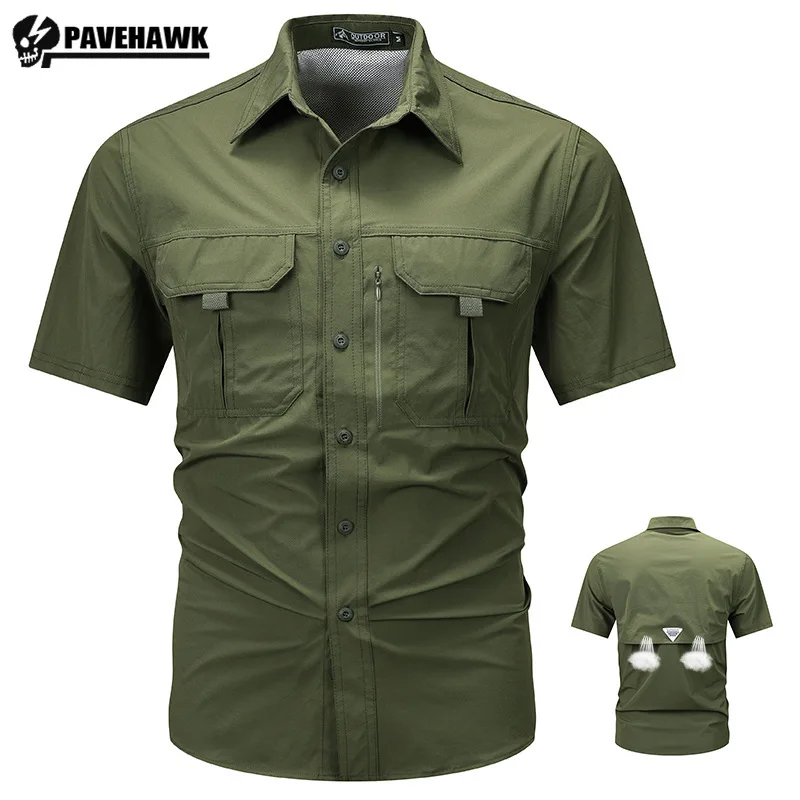 

Tactical Cargo Shirt Mens Outdoor Casual Short Sleeved Tooling Tops Thin Elastic Quick Drying Breathable Zipper Shirt Male