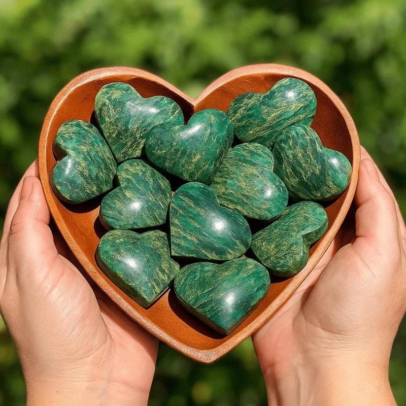 Natural Green Emerald Heart Carved, Hand Carved Polished Crystal Healing Stone