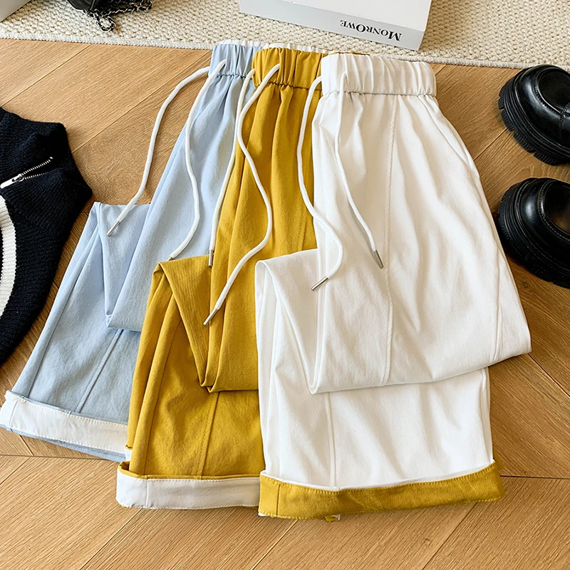 Minimalist Color-blocked Elastic High Waist Wide Leg Pants Korean Fashion Ankle-length Trousers Women 2026 New Arrivals Pants