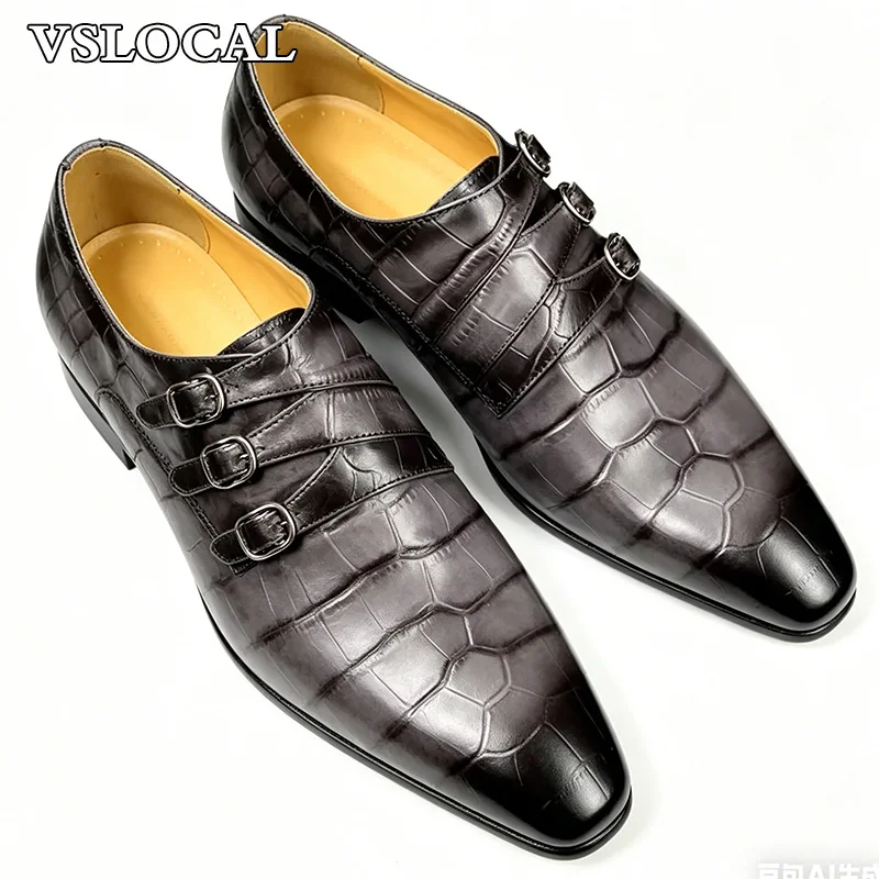 Luxury Men Leather Shoes Slip-On Black Croco Print Three Buckle Strap Loafers Mens Dress Shoes Wedding Office Shoes Men