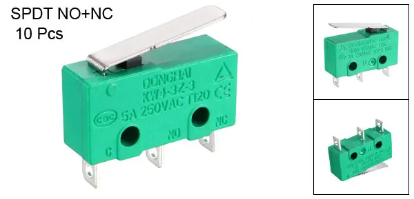 10PCS 5A/250V AC KW4-3Z-3 Micro Limit Switch SPDT NO NC 3 Terminals Momentary Short Straight Lever Type Green