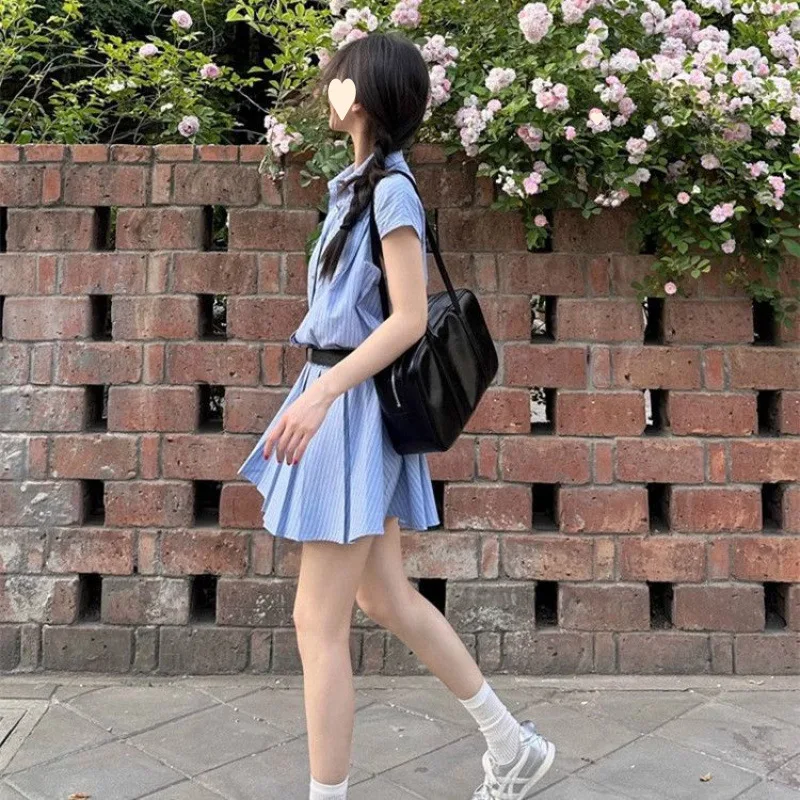 INS Summer Fashion Donna Polo sexy Mini abito camicia Abiti a maniche corte Camicia blu a righe Silm Coquette Abiti casual Y2k