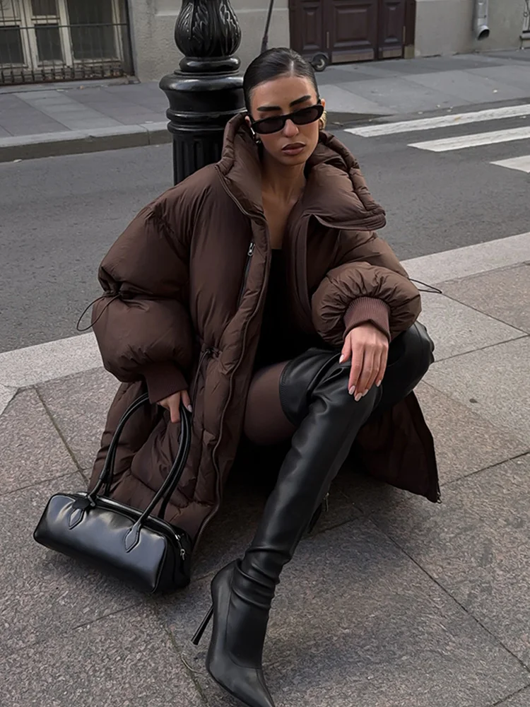 Fashion Solid Hooded Thick Cotton Women's Jacket Oversize Loose Long Sleeved Zipper Tied Jacket Casual 2026 Winter Snow Wear 5