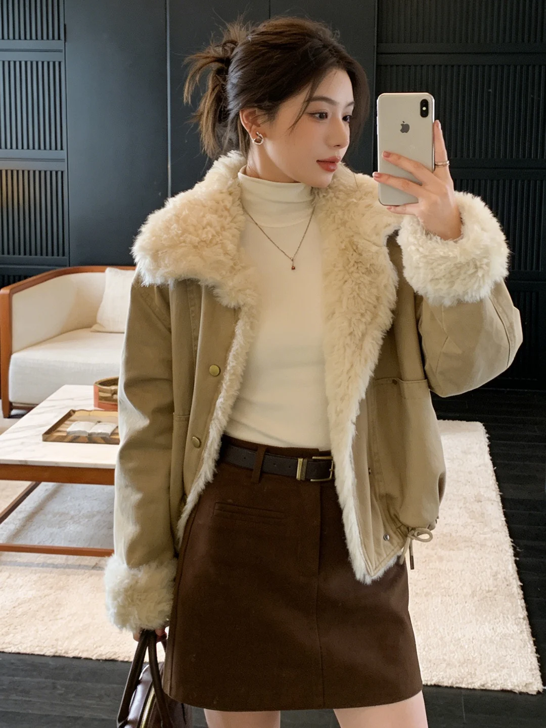 

Khaki Retro Korean Sle Thiened Warm Stand Collar Denim Workwear Jaet ort Ele Fur Leather Inteated Outerwear