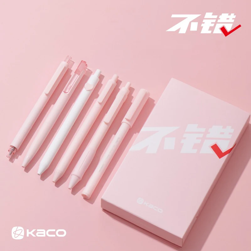 6pcs/Set KACO Good Gel Pen Pink/Black Caneta 0.5mm Black Ink Press High Capacity Student Dedicated Scrolling aesthetic papeleria