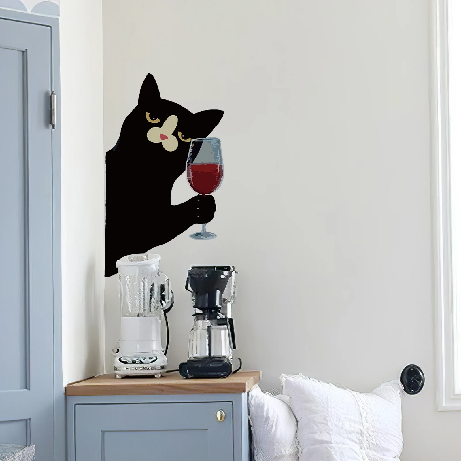 

Cute Cat Fun Wall Stickers Door Decoration Home Decoration Stickers Waterproof Removable Red Wine Glass Sticker Wall Stickers