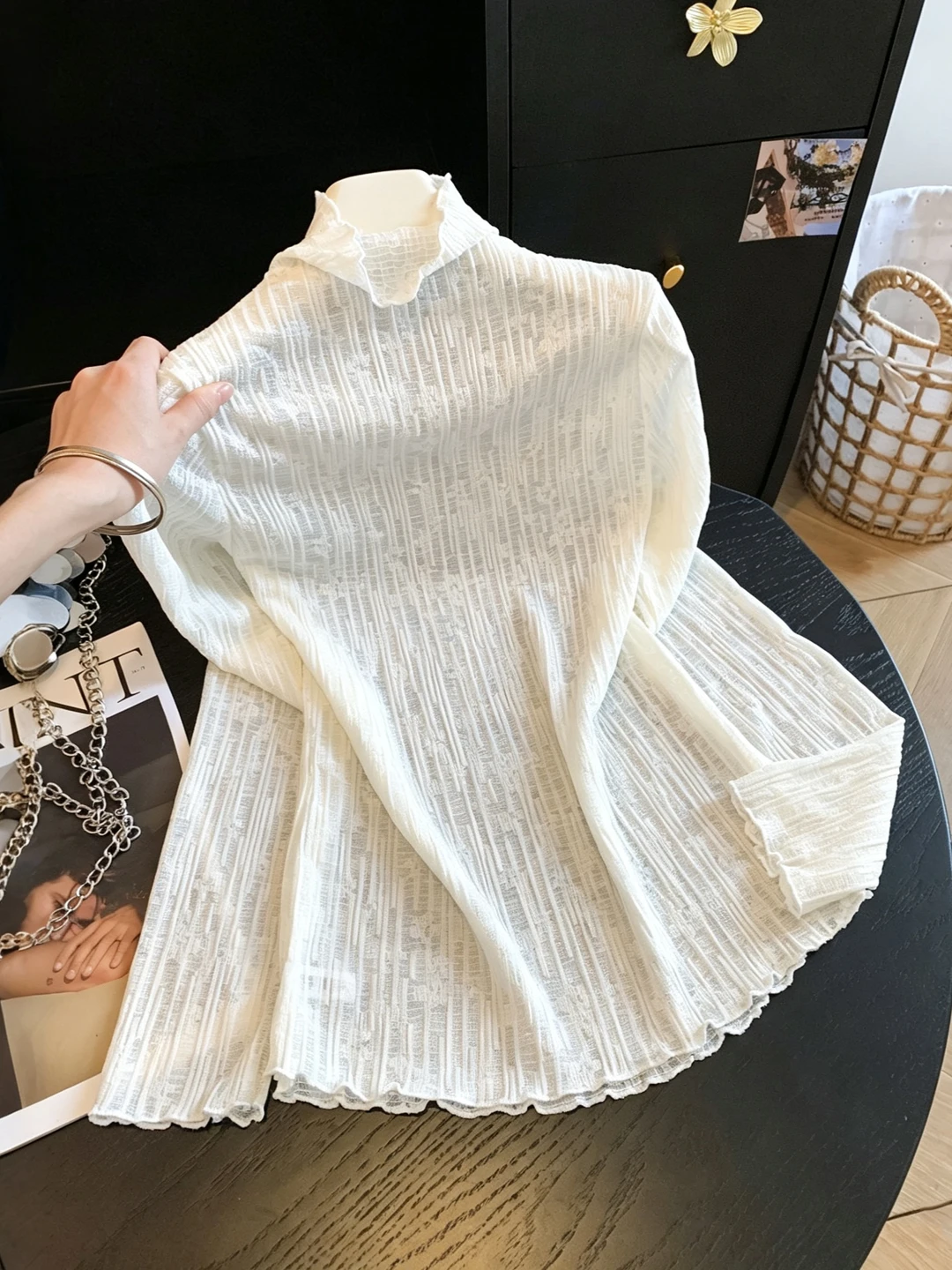 Artistic Half-High Collar Long Sleeve Women's Shirt Korean Style Commute Fashion Floral Embroidery Breathable Cotton Top