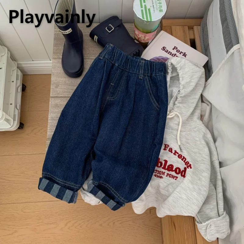 

Kids Boy and Girl Fashion Jeans Spring Autumn Elastic Waist Stripe Pocket Blue Denim Pants Casual Loose Children Trousers A0206