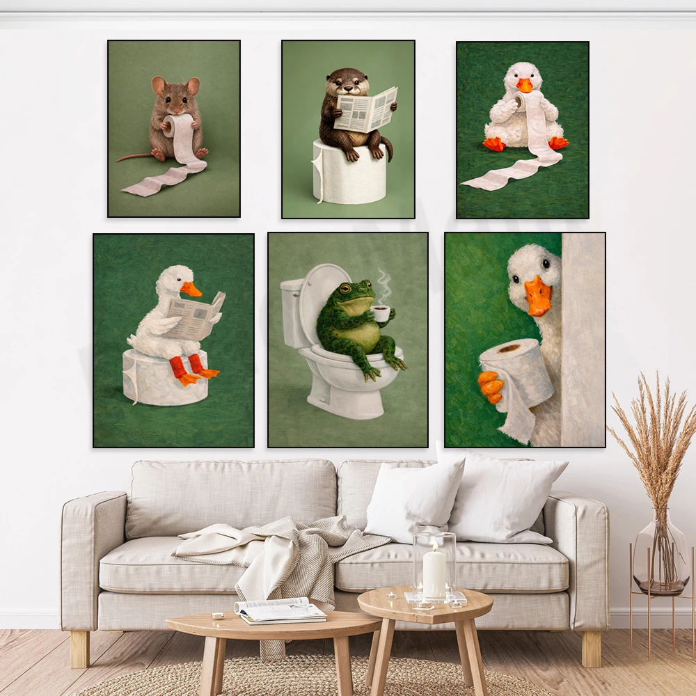 Fun animal posters featuring geese, frogs, mice, raccoons, otters, hedgehogs, and toilet paper rolls; bathroom decorations.