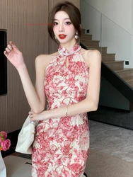 2026 traditional sexy qipao flower print sleeveless evening dress sexy off shoulder nightclub cheongsam banquet party dress