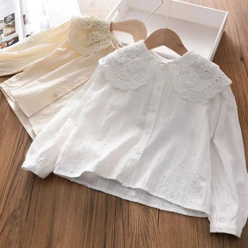 Spring and Autumn Kids Girls Cotton White Shirt Baby Lace Top Korean Shirt Children\'s Loose Bottom Shirt Top For Girl 3-12Y