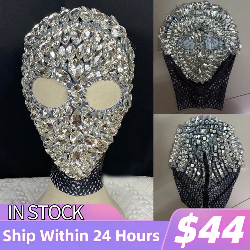 Shiny Party Rhinestones Headwear Muscle Man Mask Christmas Nightclub DJ Singer Crystal Stones Hat Stage Performance Accessories