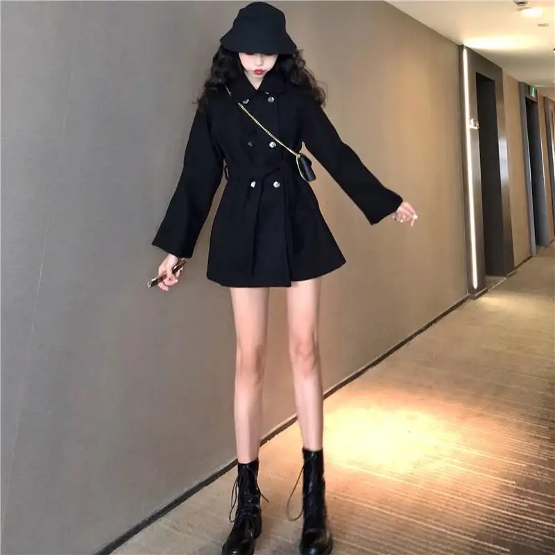 

Wool Blends Coats Black Sashes Slim Double Breasted Turn-down Collar Warm Elegant Outerwear Female Overcoat Leisure Chic New