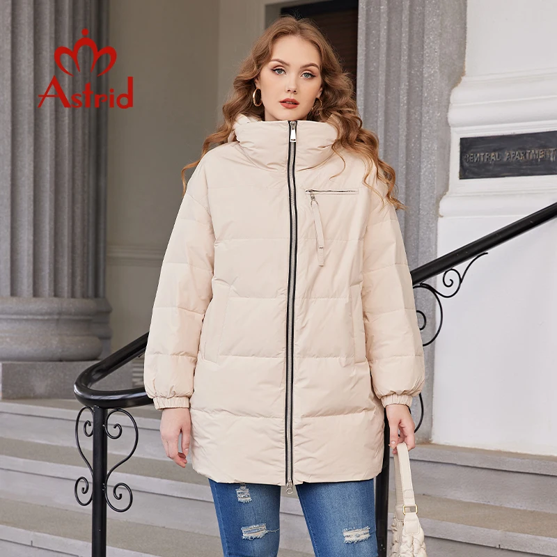 Astrid New Winter Clothes Women Loose Mid-Long Fashion Down Jacket Plus Size Women\'s Parka Hooded Simple Casual Quality Jackets