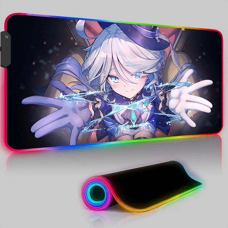 Genshin Impact Furina Anime Mouse Pad LED PC Kawaii Girl Gamer Cabinet Keyboard Pad Mousepad RGB Gaming Accessories XXL Desk Mat