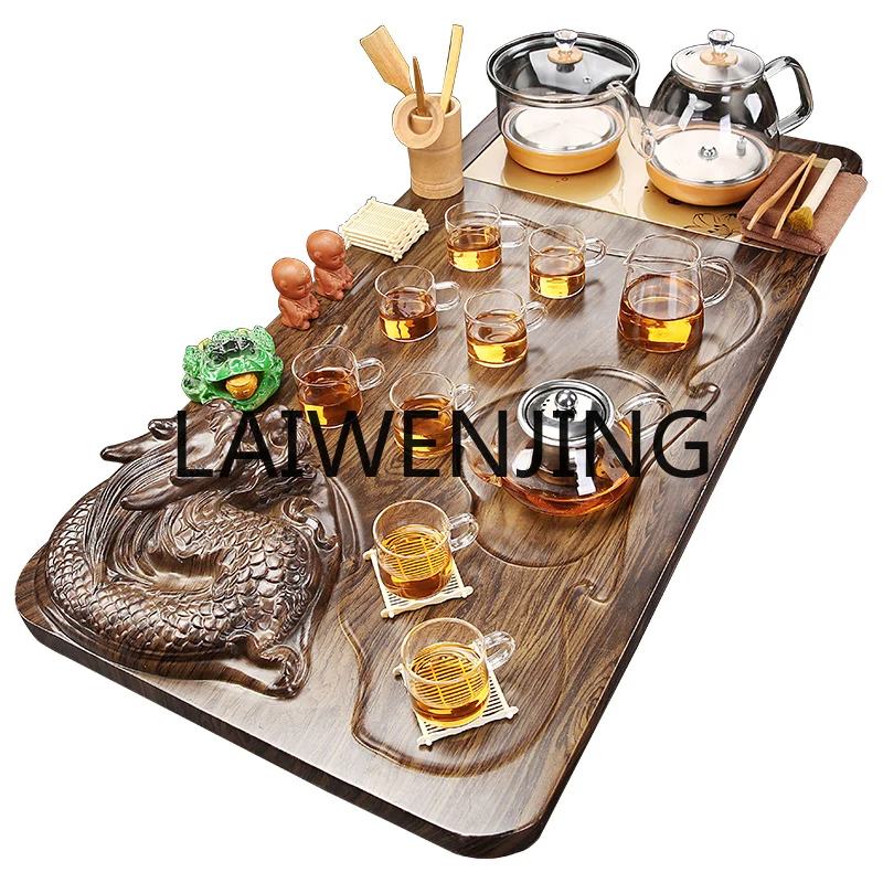 RWJ Kung Fu Tea Set Suit Glass Bottom Water Integrated Solid Wood Tea Tray Living Room Tea Table